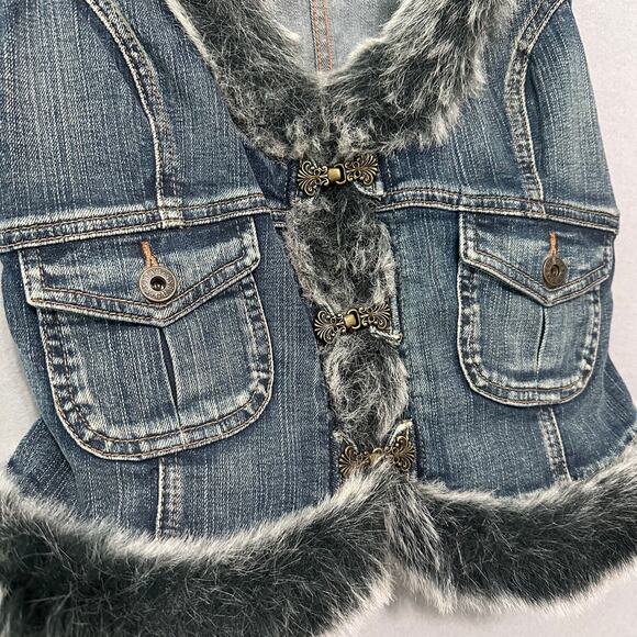 Vintage Y2K Guess Jeans Denim Vest With Faux Fur Trim Size Large - Picture 2 of 16
